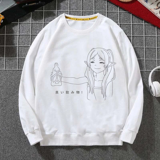 Frieren Anime White Sweatshirt – Minimalist Line Art Drink