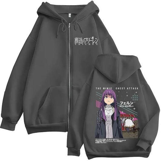 Frieren: Beyond Journey’s End Anime Fern Zipper Hoodie Dark Grey