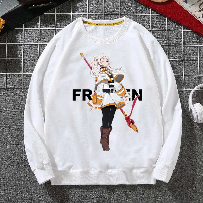 Frieren Anime White Sweatshirt – Elegant Mage Pose