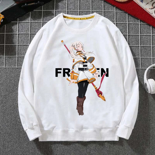 Frieren Anime White Sweatshirt – Elegant Mage Pose
