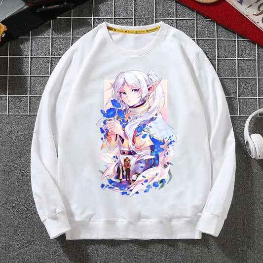 Frieren Anime White Sweatshirt – Blue Floral Art