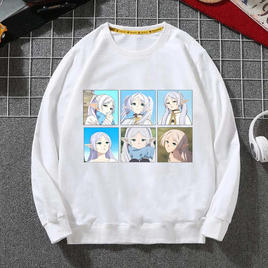 Frieren Anime White Sweatshirt – Faces of Frieren Collage